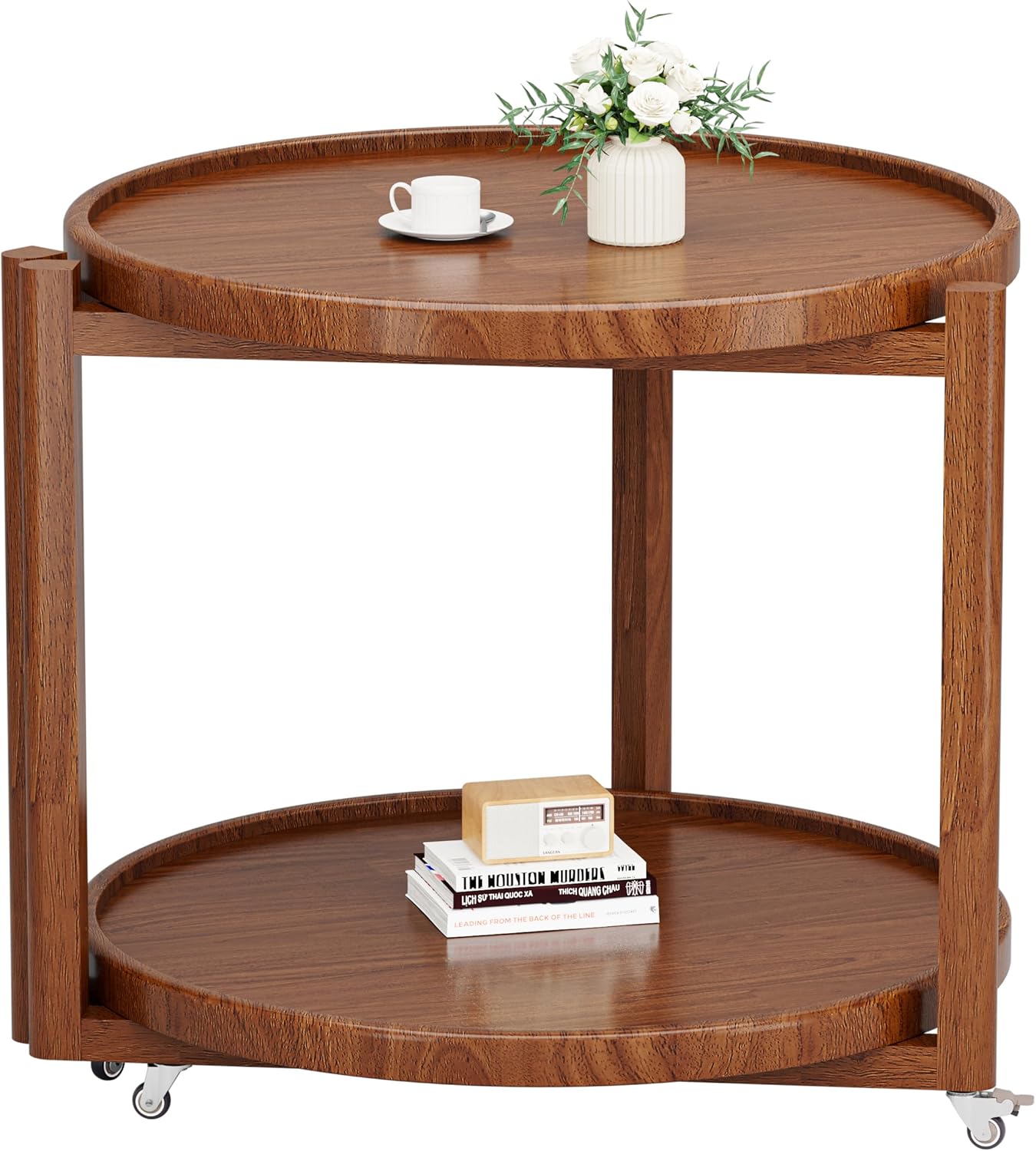 Taitiy Rolling Side Table with Wheels, Solid Wood Round End Table with Storage Shelf, 2 Tier Mobile Side Table for Couch & Small Spaces, Wooden Bedside Table with Lockable Casters, Walnut 21.5