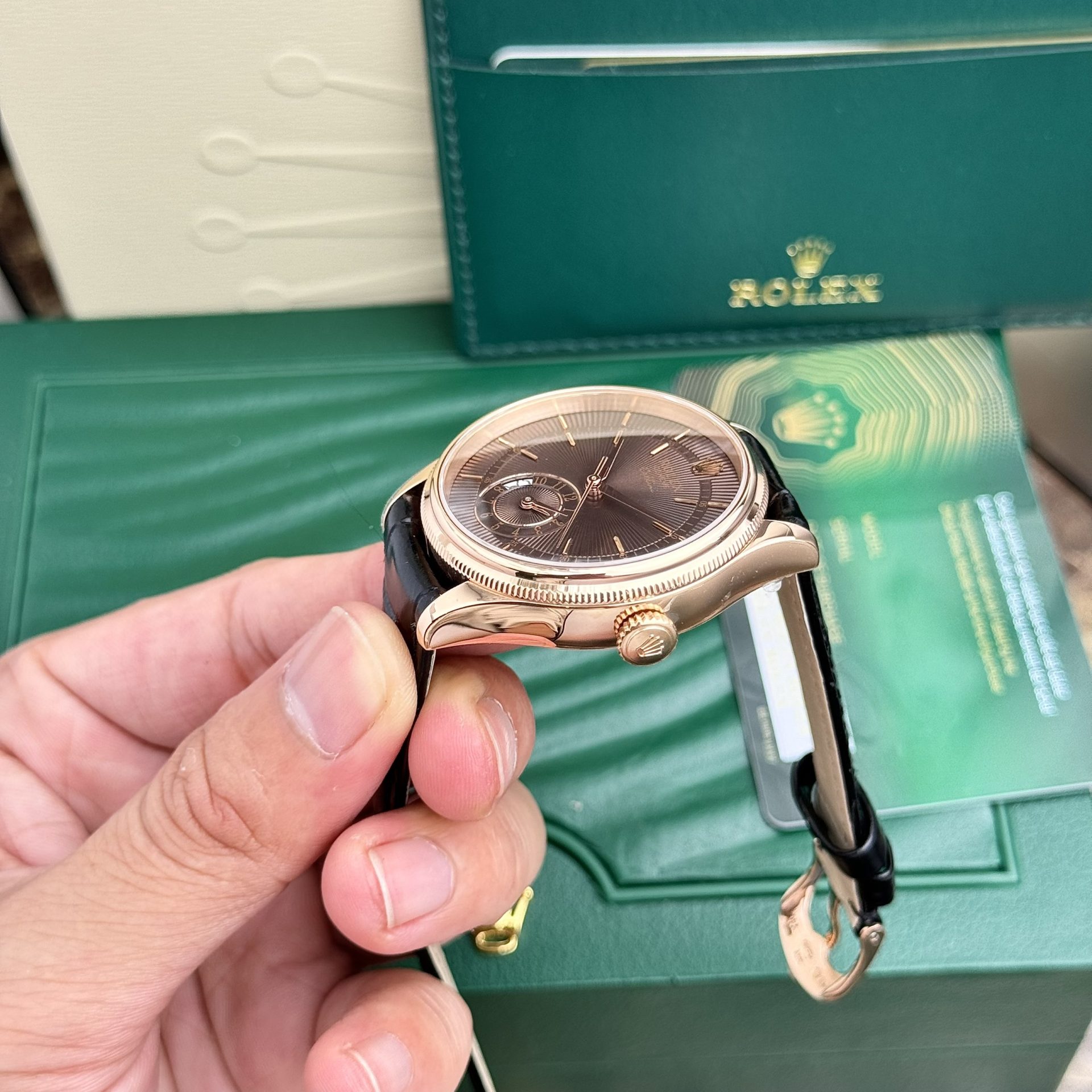 Rolex Cellini 50525 RG Plated Chocolate Dial 39mm Leather AAA Replica