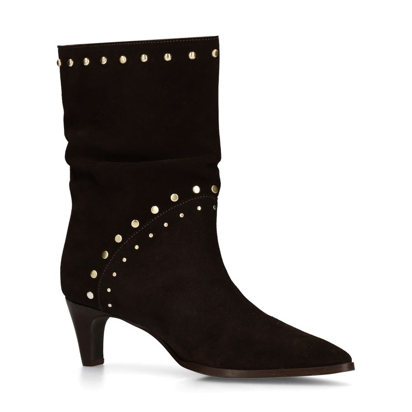 Manfield Donkerbruine suède enkellaarsjes met studs