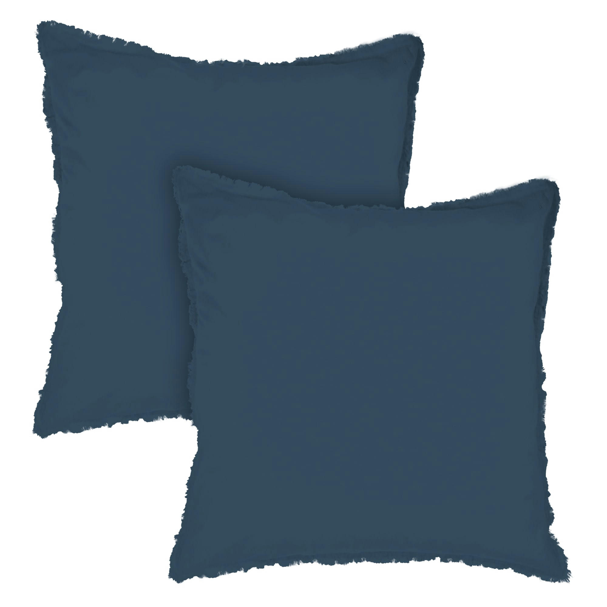 COTON LAVÉ - Set de 2 taies d’oreiller unies finition à franges Bleu Nuit 65x65cm