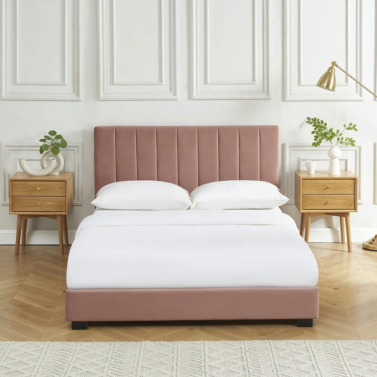 WILLIAM - Lit adulte avec tête de lit capitonnée en velours vieux rose 140x190