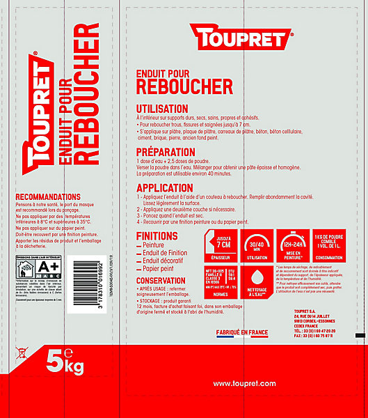 Enduit de rebouchage en poudre Toupret 5kg