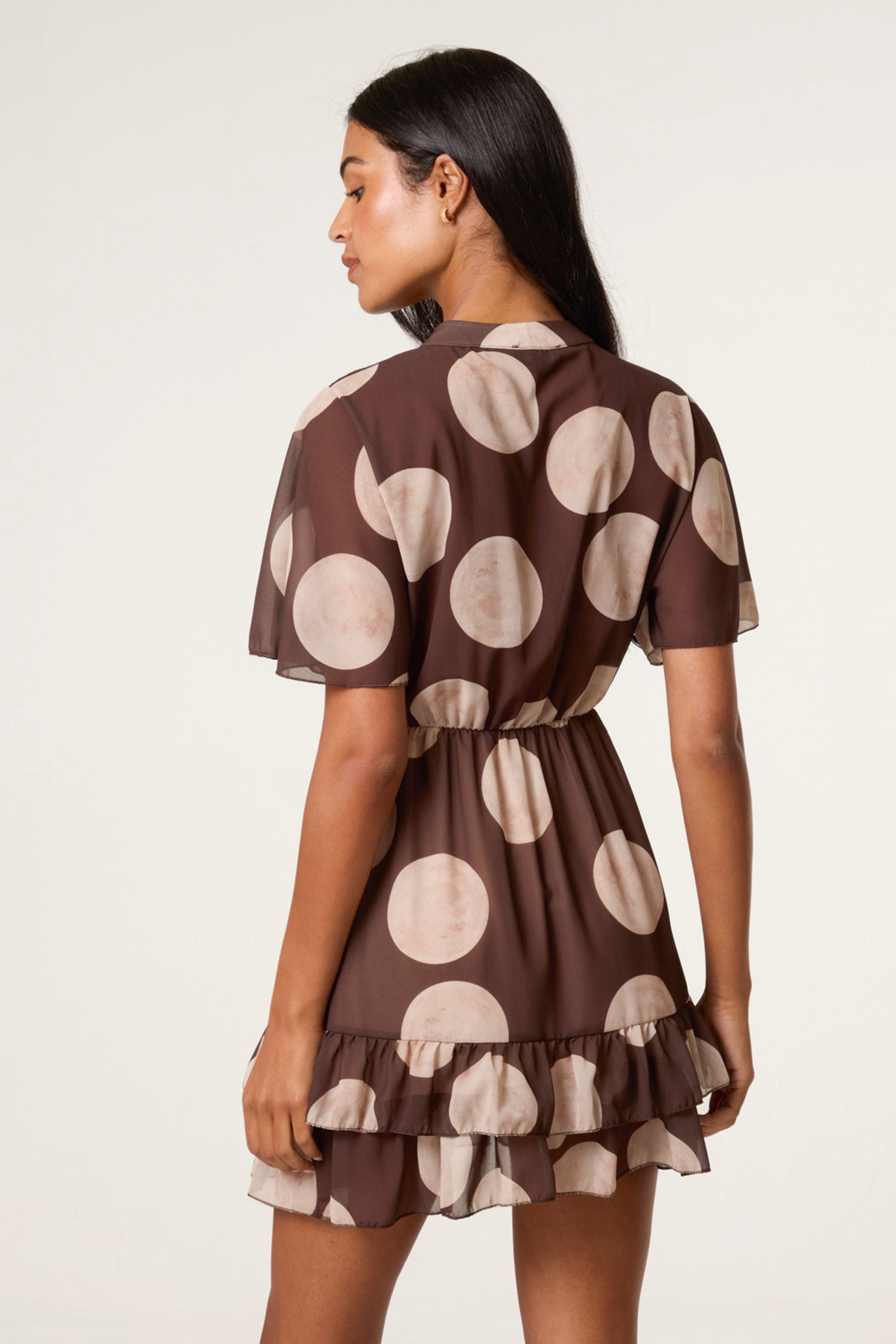 Blue Vanilla Brown Polka Dot Button Up Double Frill Short Sleeve Dress
