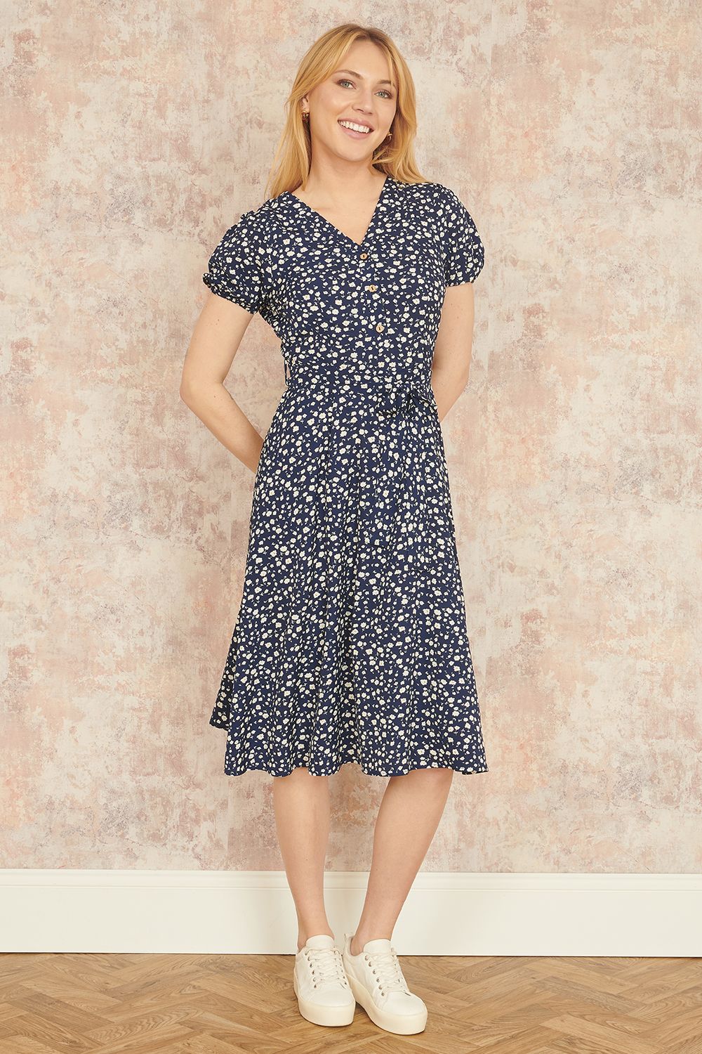 Yumi Navy Ditsy Floral Midi Shirt Dress