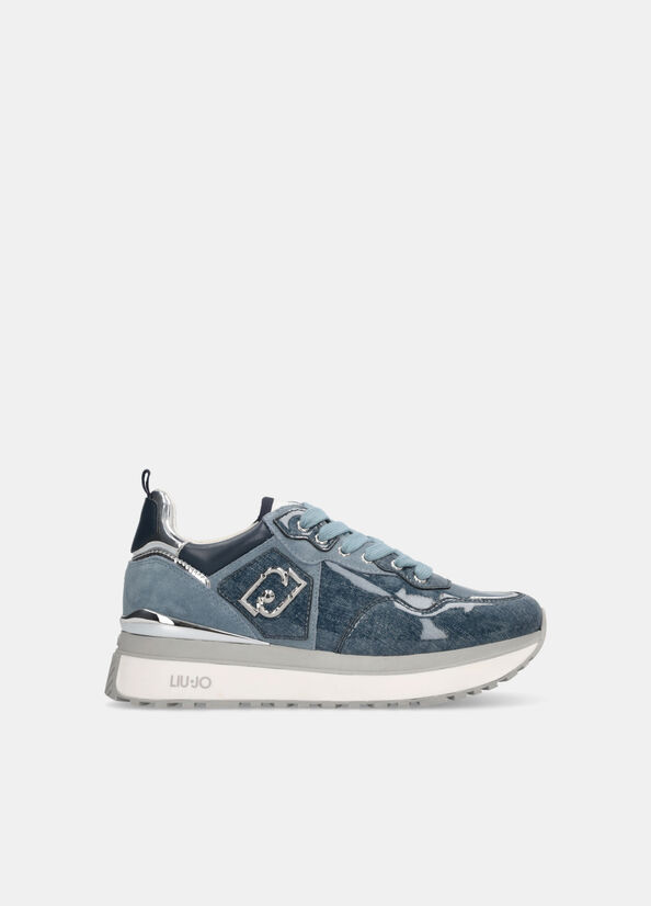 Sneakers platform in glossy denim