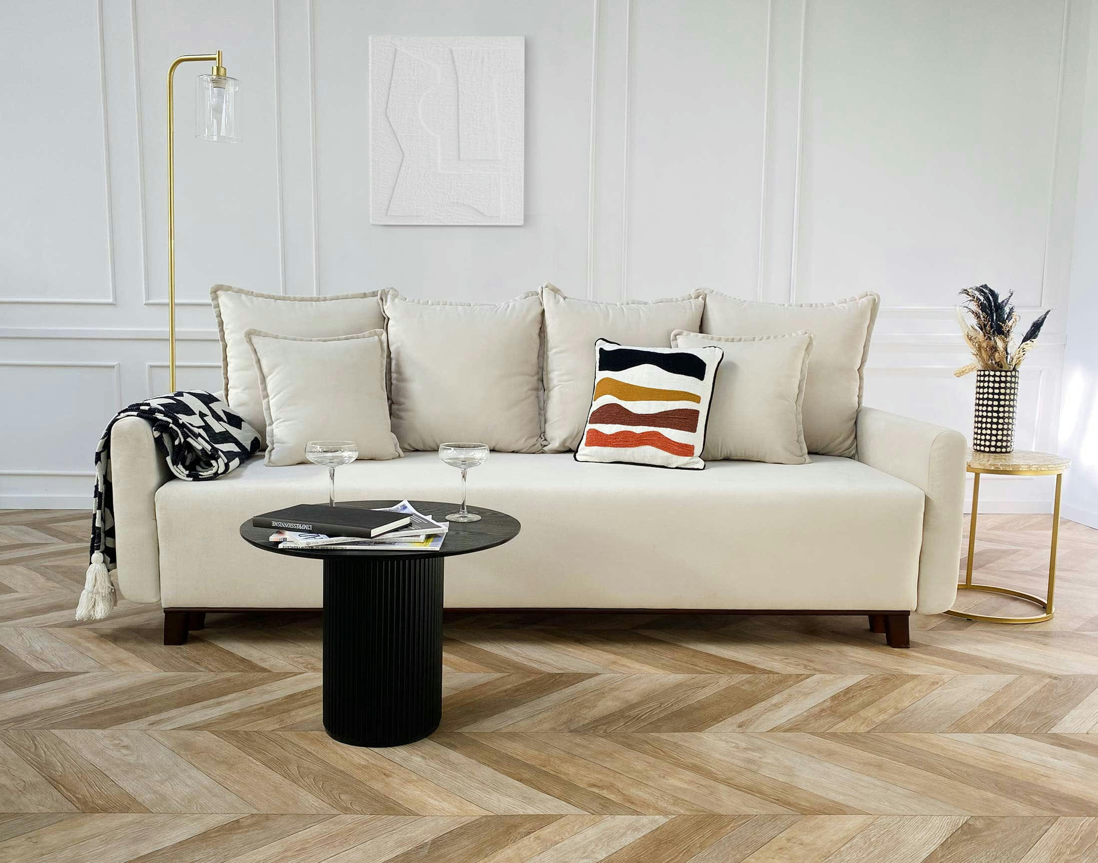 APIA - Canapé droit convertible 3 places en velours beige