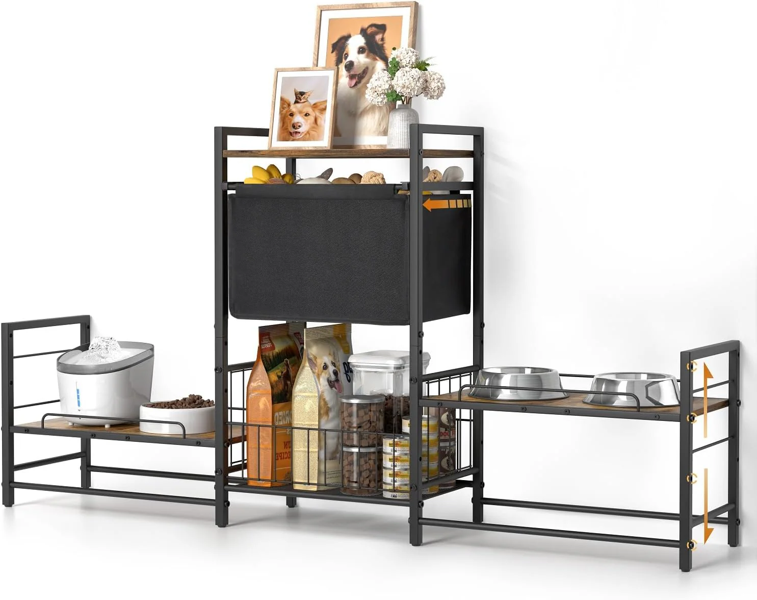 Adjustable Elevated Dog Bowl Stand with 2 Feeding Stations  Storage Basket