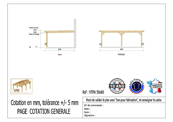 Carport adossé toit plat 500cmx600cm, bois DOUGLAS Français (Charpente en bois-auvent-abri voiture) 30 m². Garantie 10 ans