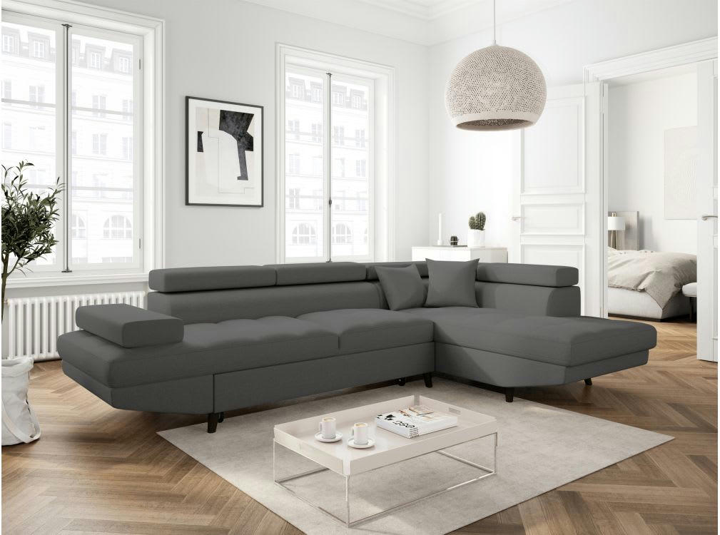 RIO SCANDI - Canapé angle droit convertible, coffre - Gris foncé - Pieds noir