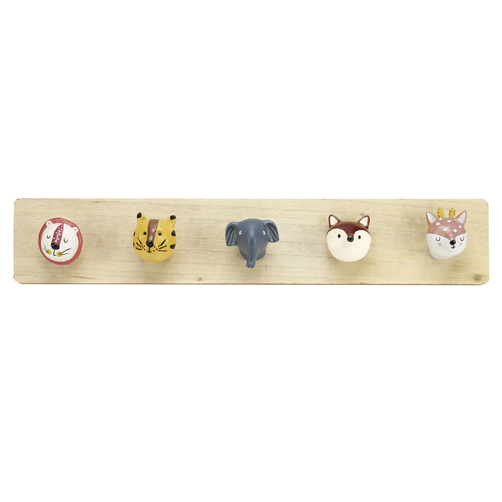 Patère enfant en bois 5 crochets tête animal 55x7xH10cm