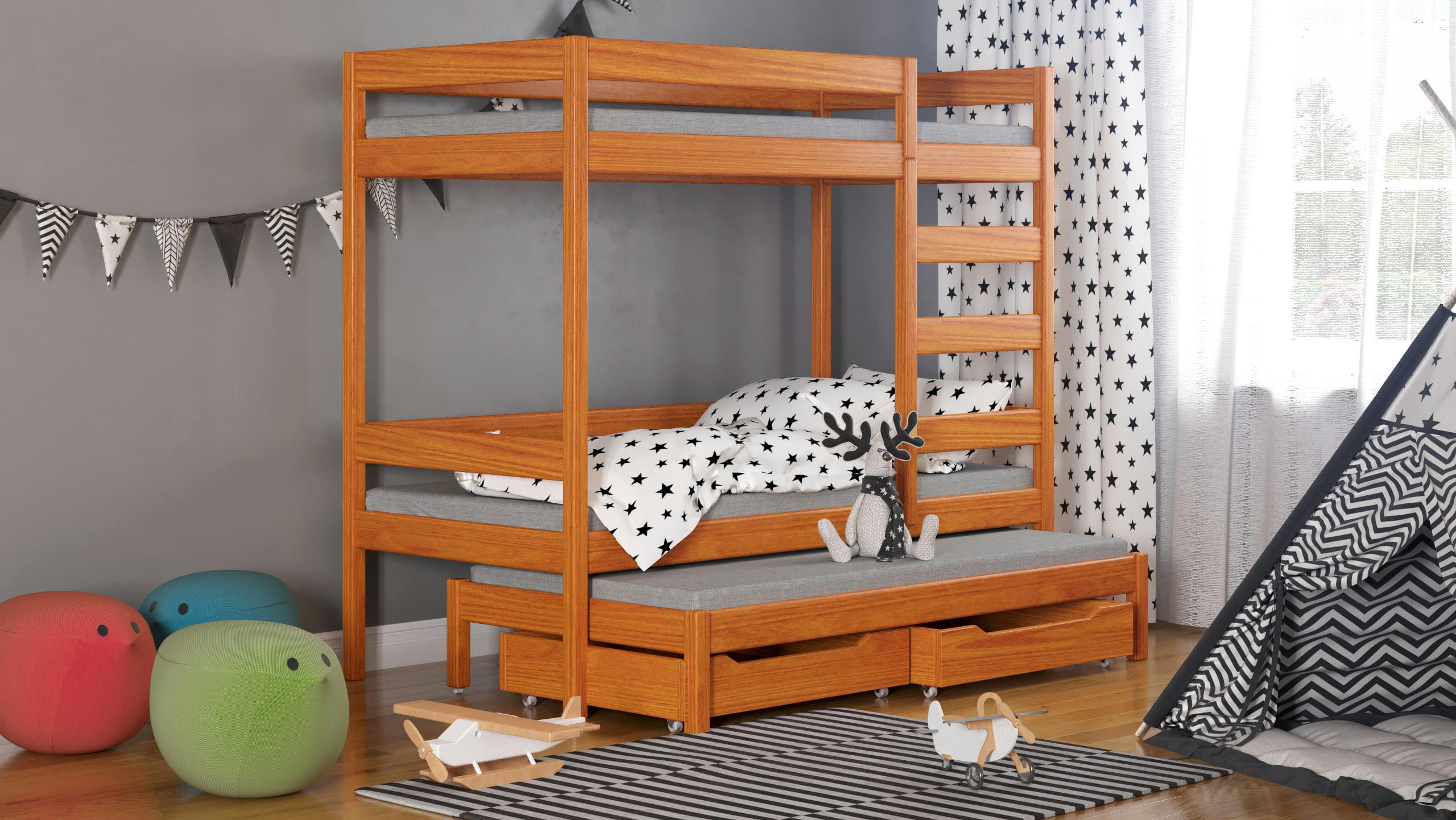 - Lit superposé en pin massif 180x80 couleur teck