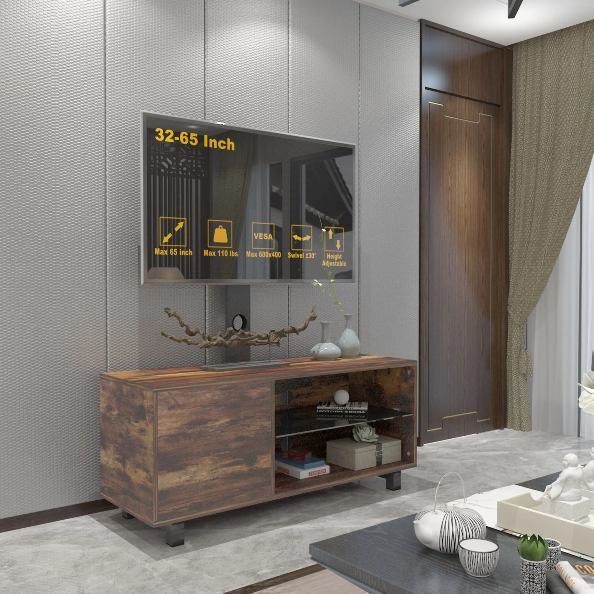 Rustic Brown 43 TV Stand with Push-to-Open Door & Shelves for TVs Up to 65