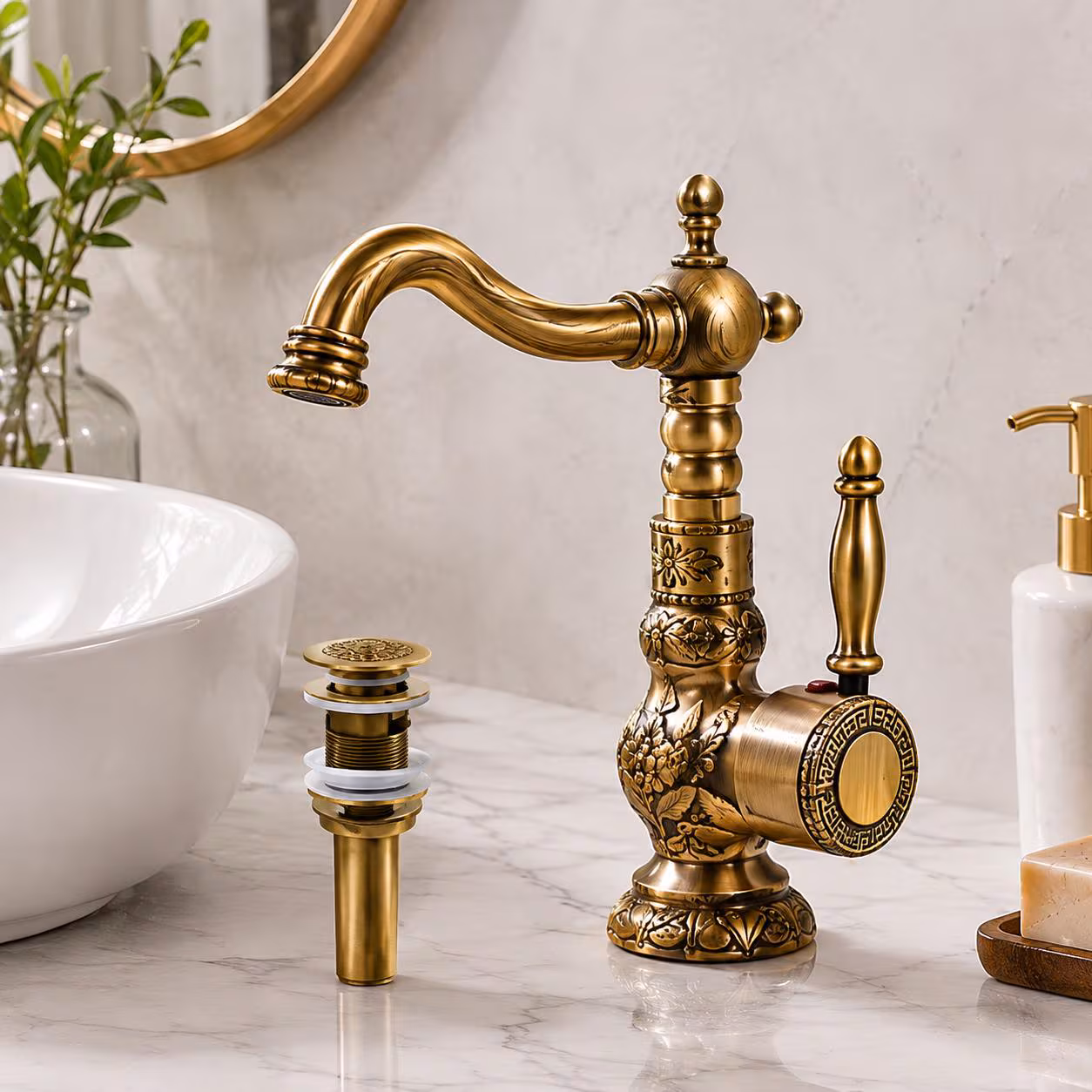 Vintage Brass Bathroom Faucet, Ornate Single Handle Vessel Sink Mixer Tap, Tall or Short Antique Basin Faucet