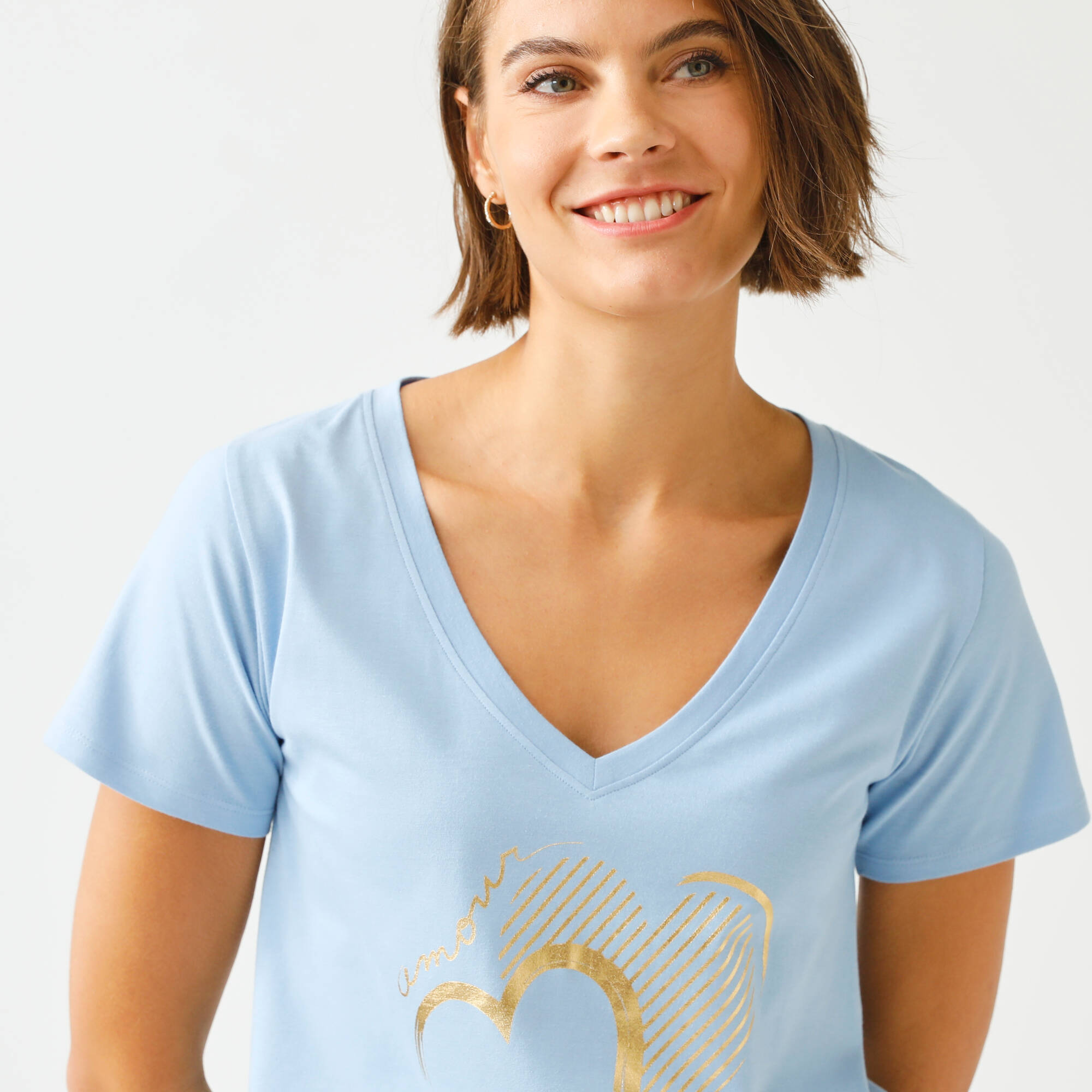 T-shirt col V imprimé doré