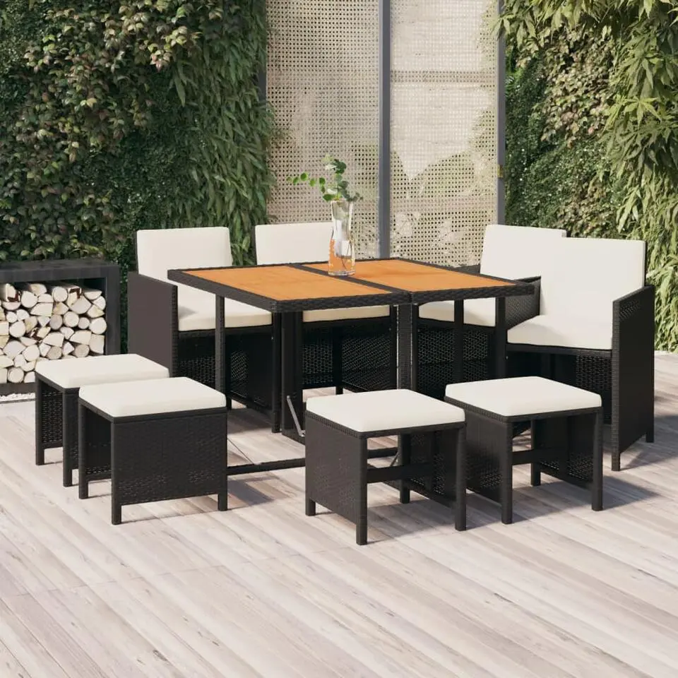 vidaXL - Tuinset voor 8 met wit kussens - 4 4 1 - Zwart poly rattan - 109x107 cm