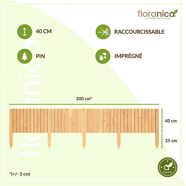 Floranica Bordure de jardin en bois flexible 40 x 200 cm Nature avec piquets, idéale pour délimiter pelouse et massifs de fleurs
