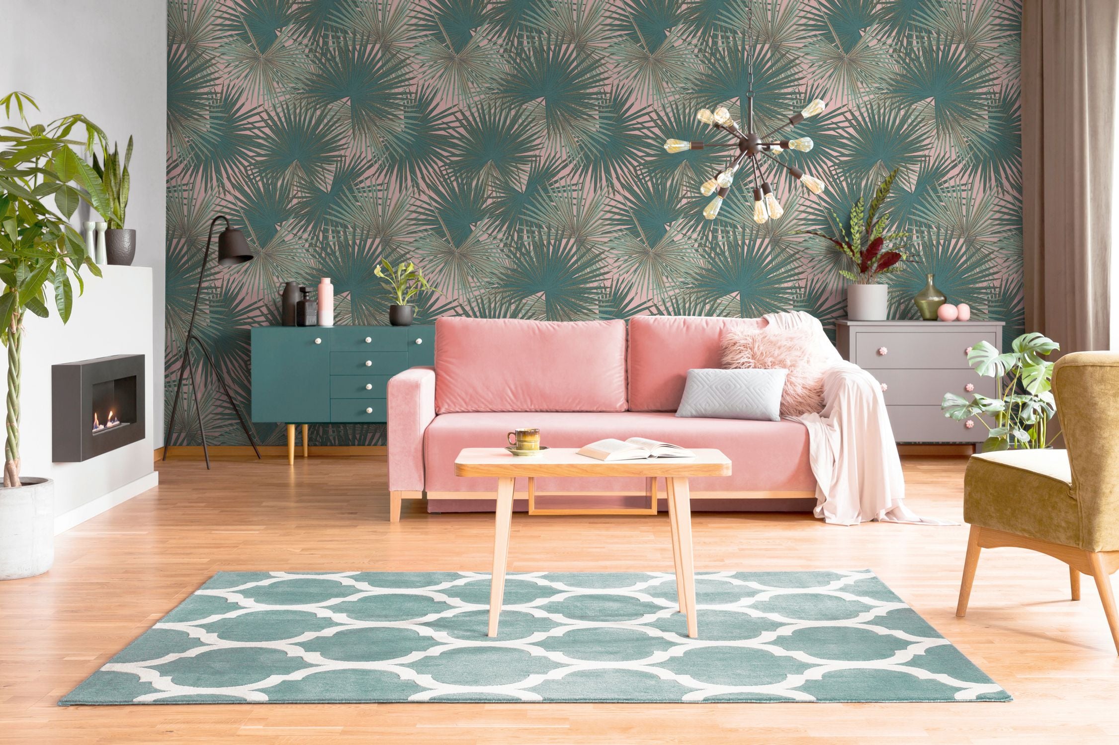 Livingwalls fotobehang jungle-motief groen, petrolblauw en roze - 159 x 280 cm - AS-391844