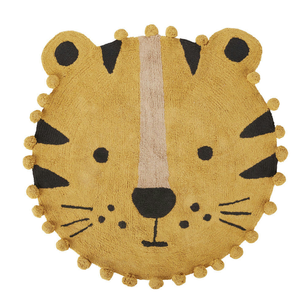 MINI JUNGLE - Tapis enfant tigre en coton recyclé tufté à pompons jaune D108