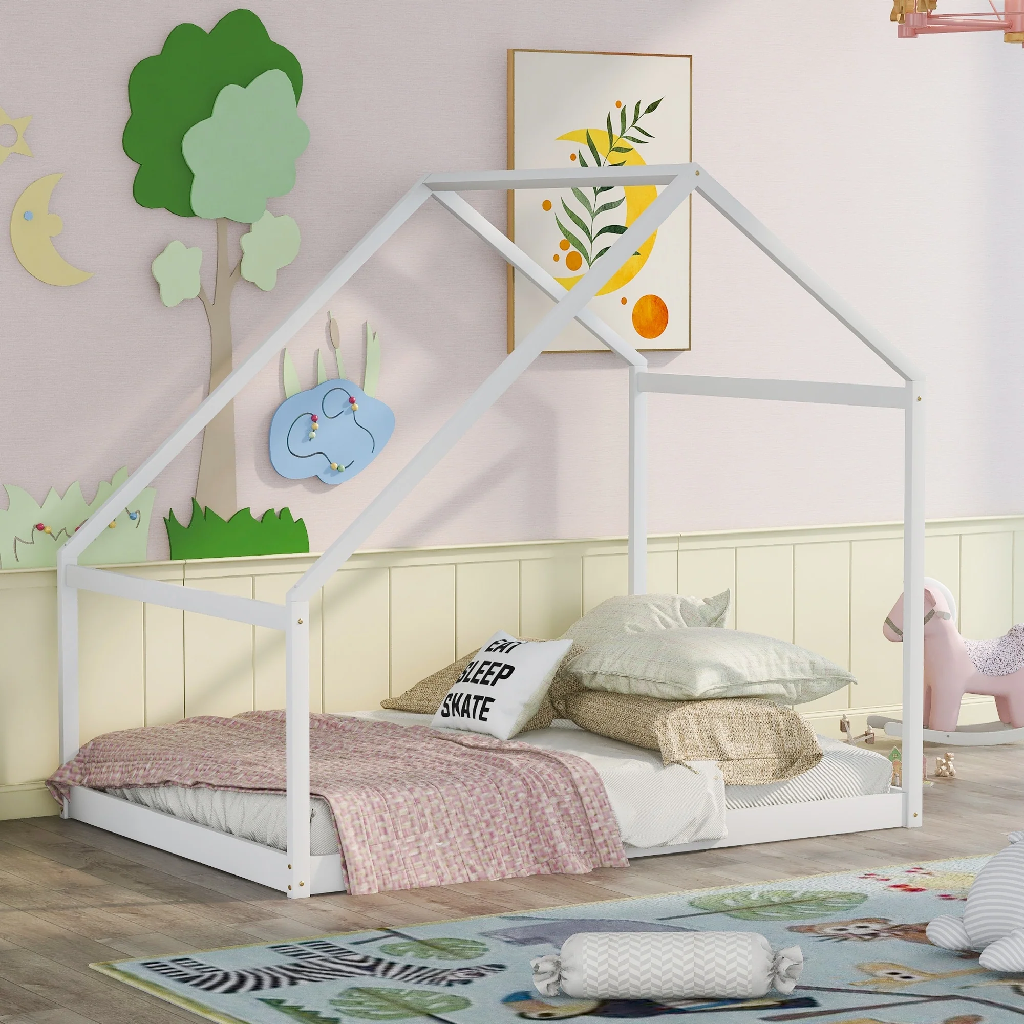 Full Size House Bed for Kids with Sturdy P?x-oss-process=image%2Fresize%2Cw_650%2Ch_650%2Cm_padood Frame and Open Design