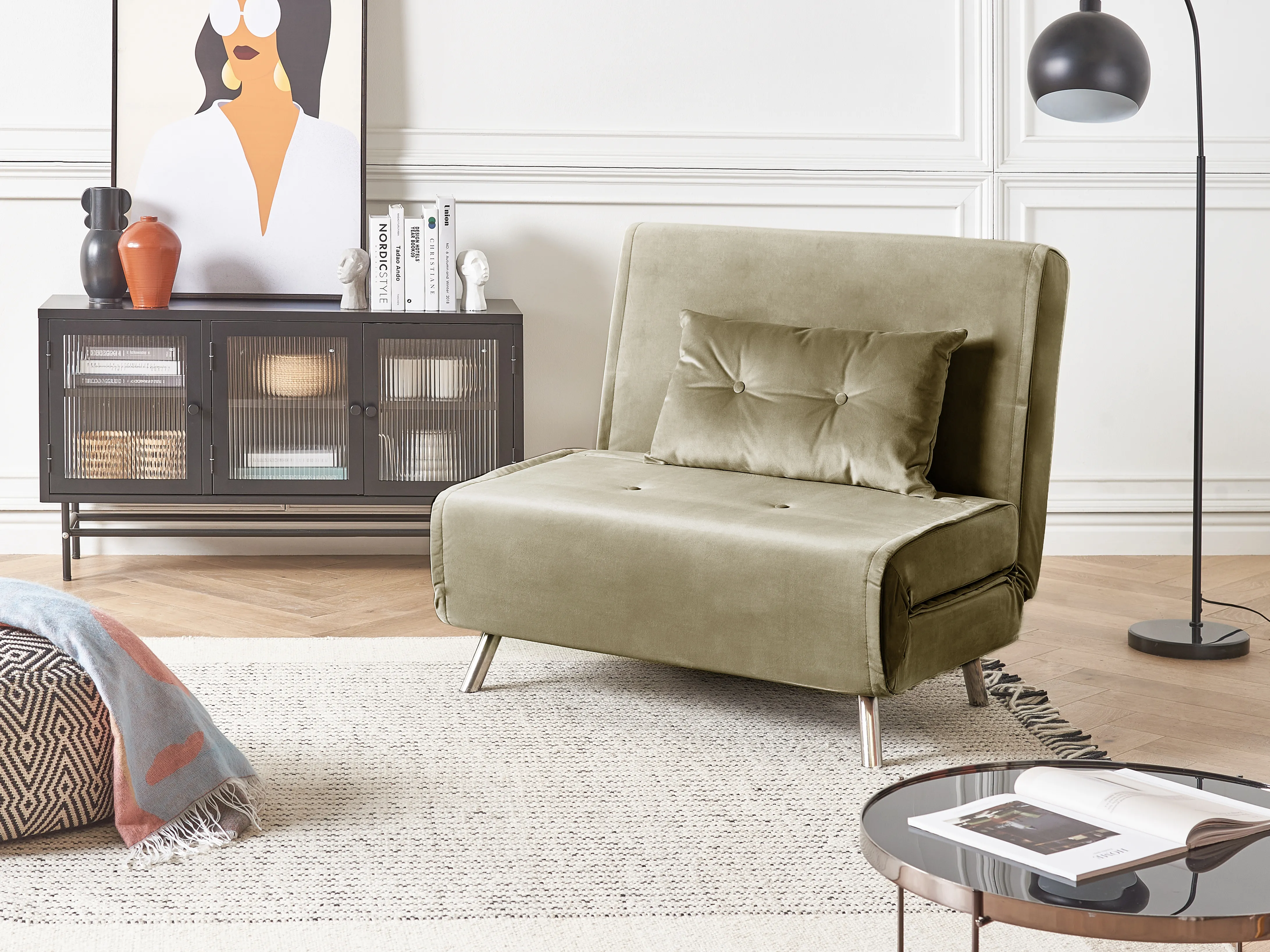 Single Sofa Bed FARRIS Velvet Olive Green