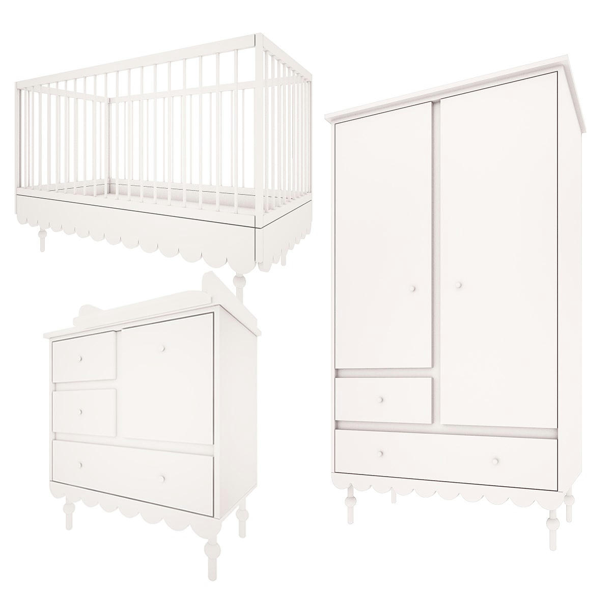 TRIO - BABUSHKA - Chambre bébé : Trio - lit évolutif 70x140 commode armoire blanc