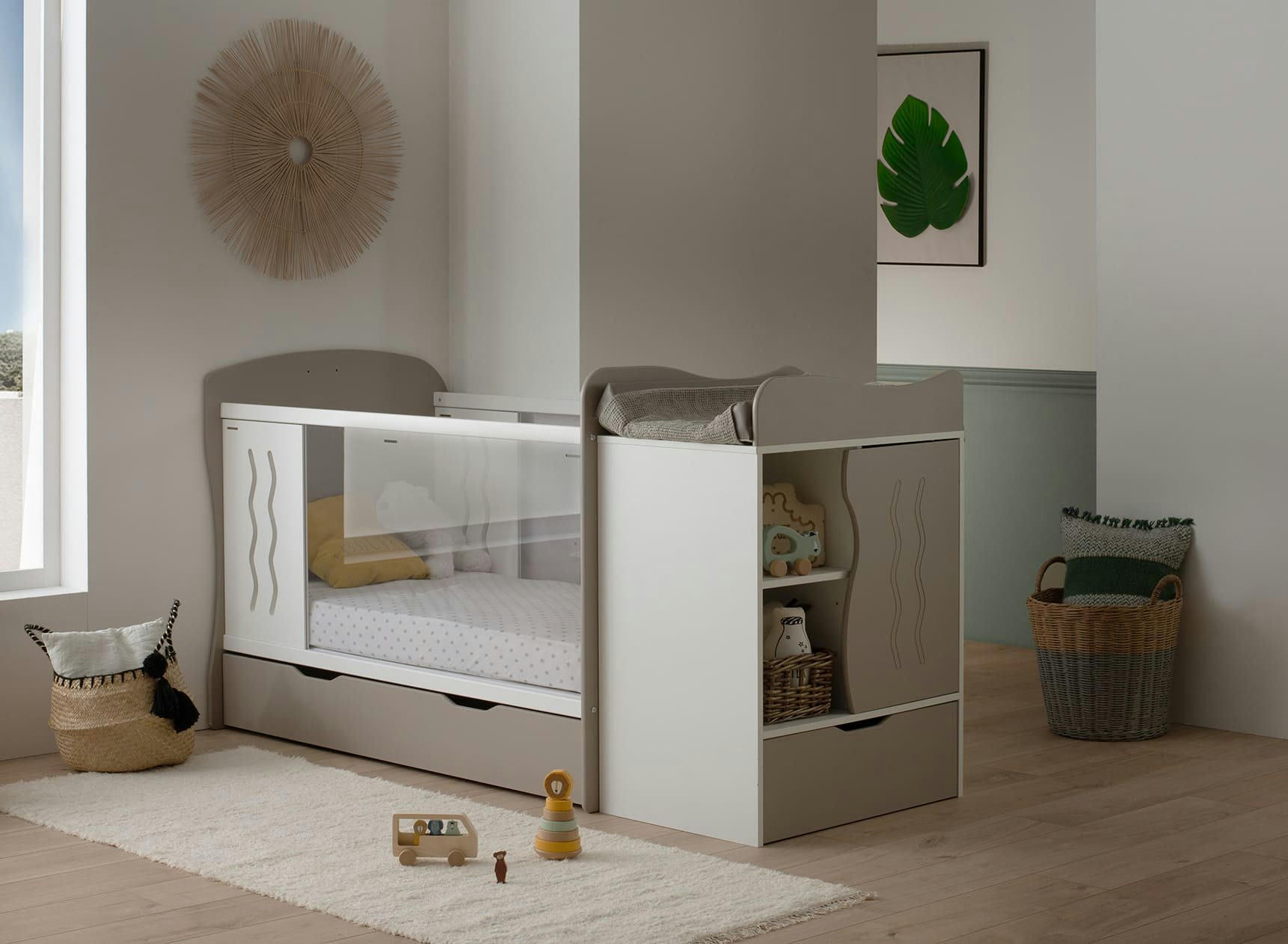 BYRON - Lit bébé évolutif plexiglas 70x140 blanc et lin