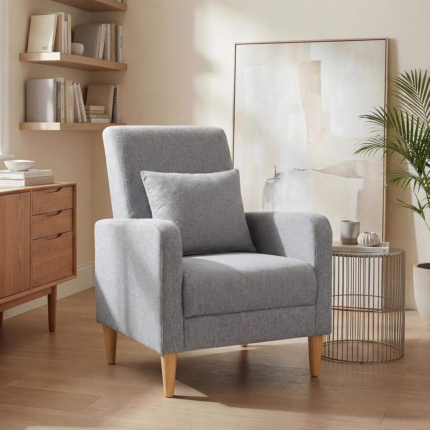 COLAMY Mid-Century Modern Upholstered Accent Chair with Back Pillow & Solid Wood Legs, Fabric Cozy Armchair for Living Room, Bedroom, Reading Nook, Apartment & Small Spaces, Lightgrey