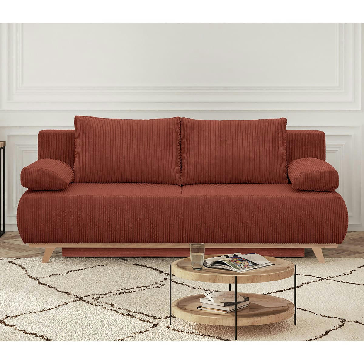 LARIA - Canapé convertible 3 places en velours côtelé rouille
