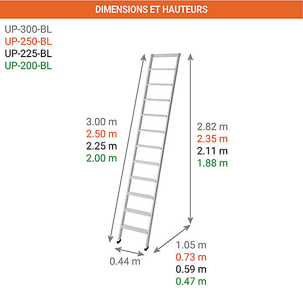 Echelle de meunier bois 9 marches - Largeur 44cm - Hauteur à atteindre 2.11m - UP-225-BL