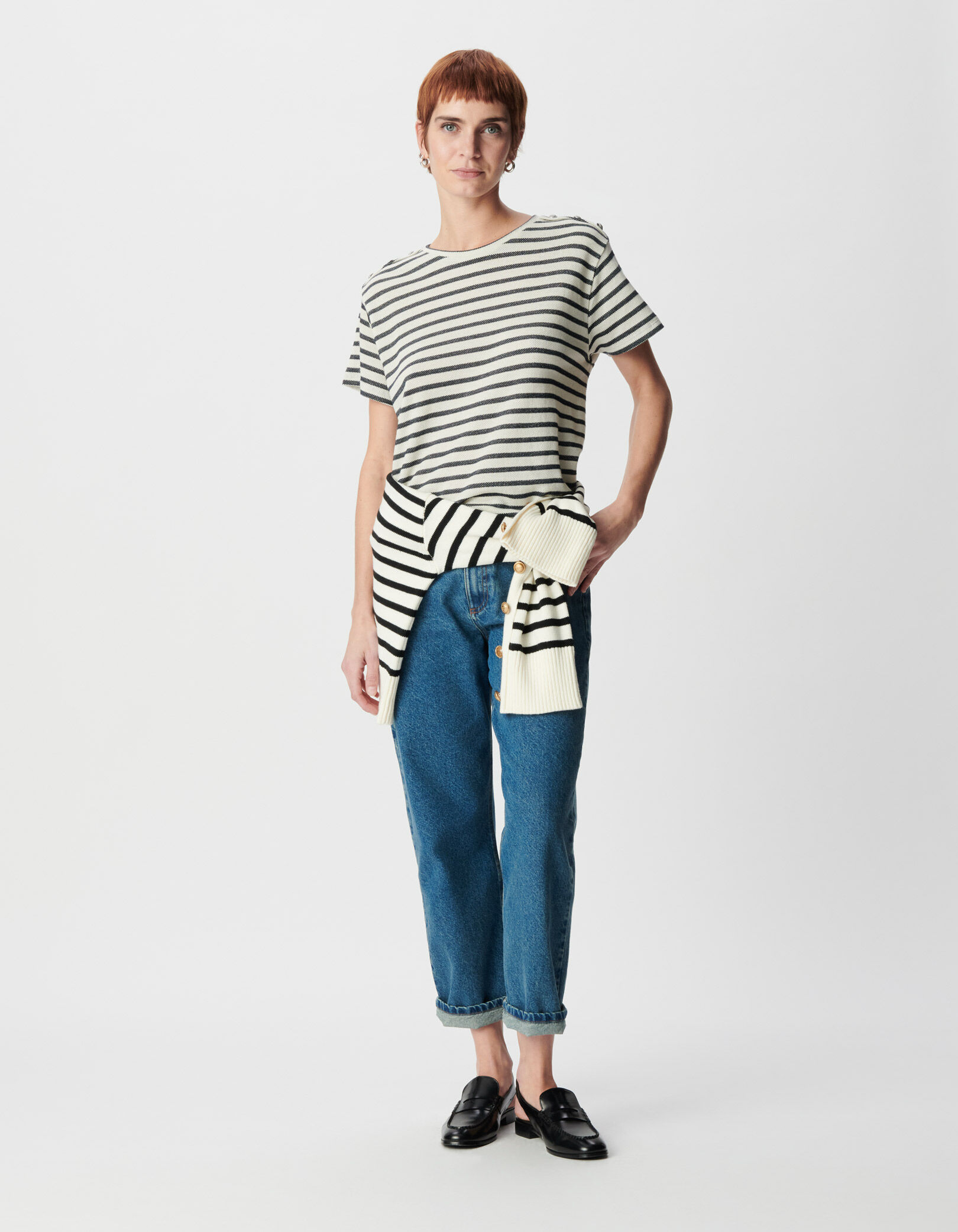 Tee-shirt marinière pailleté boutons épaules Femme