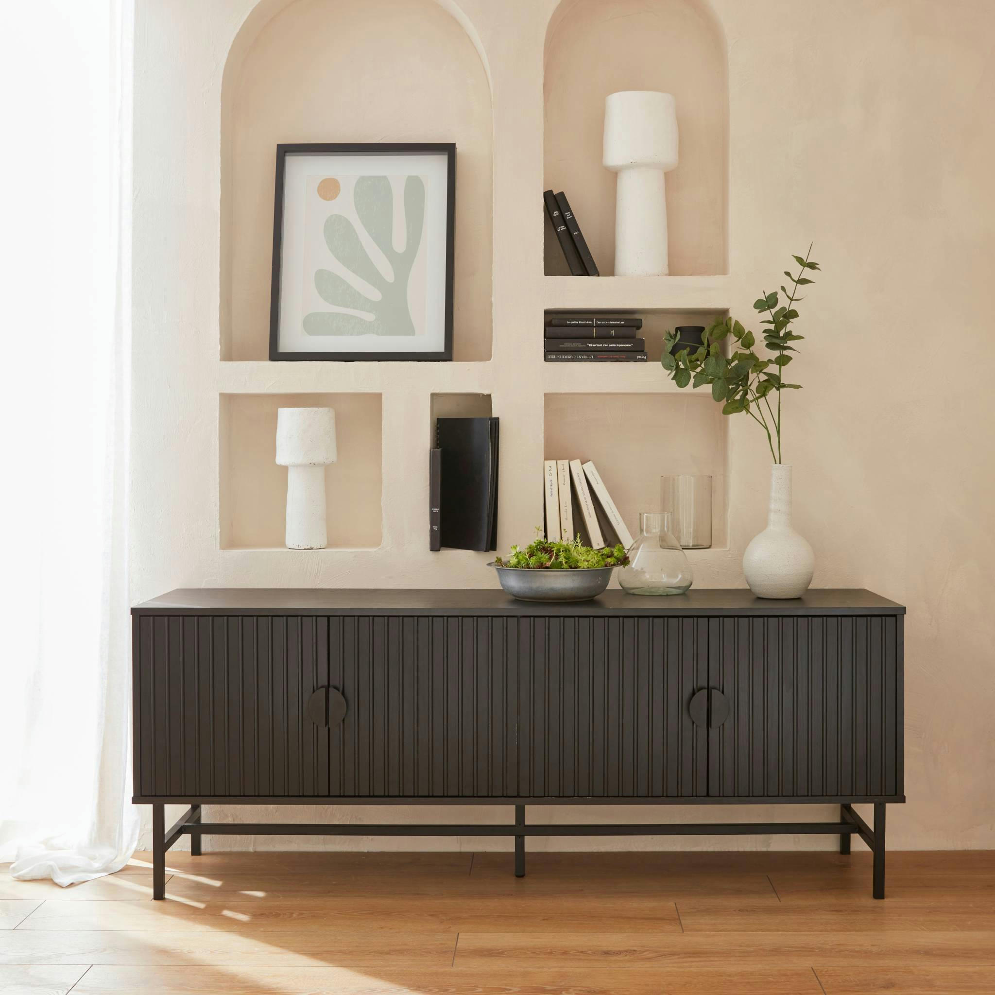 BAZALT - Meuble tv décor bois rainuré noir