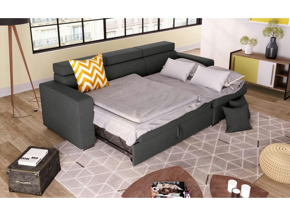 LESLIE - Canapé d'angle convertible et Réversible en Tissu - Gris foncé