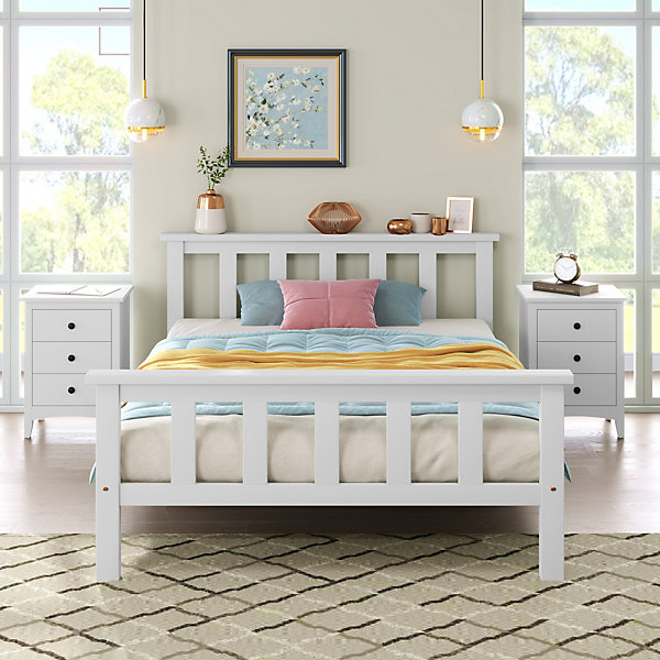 Lit simple 90x200 cm - Lit classique avec sommier à lattes - Pin et MDF - Sans matelas - Blanc