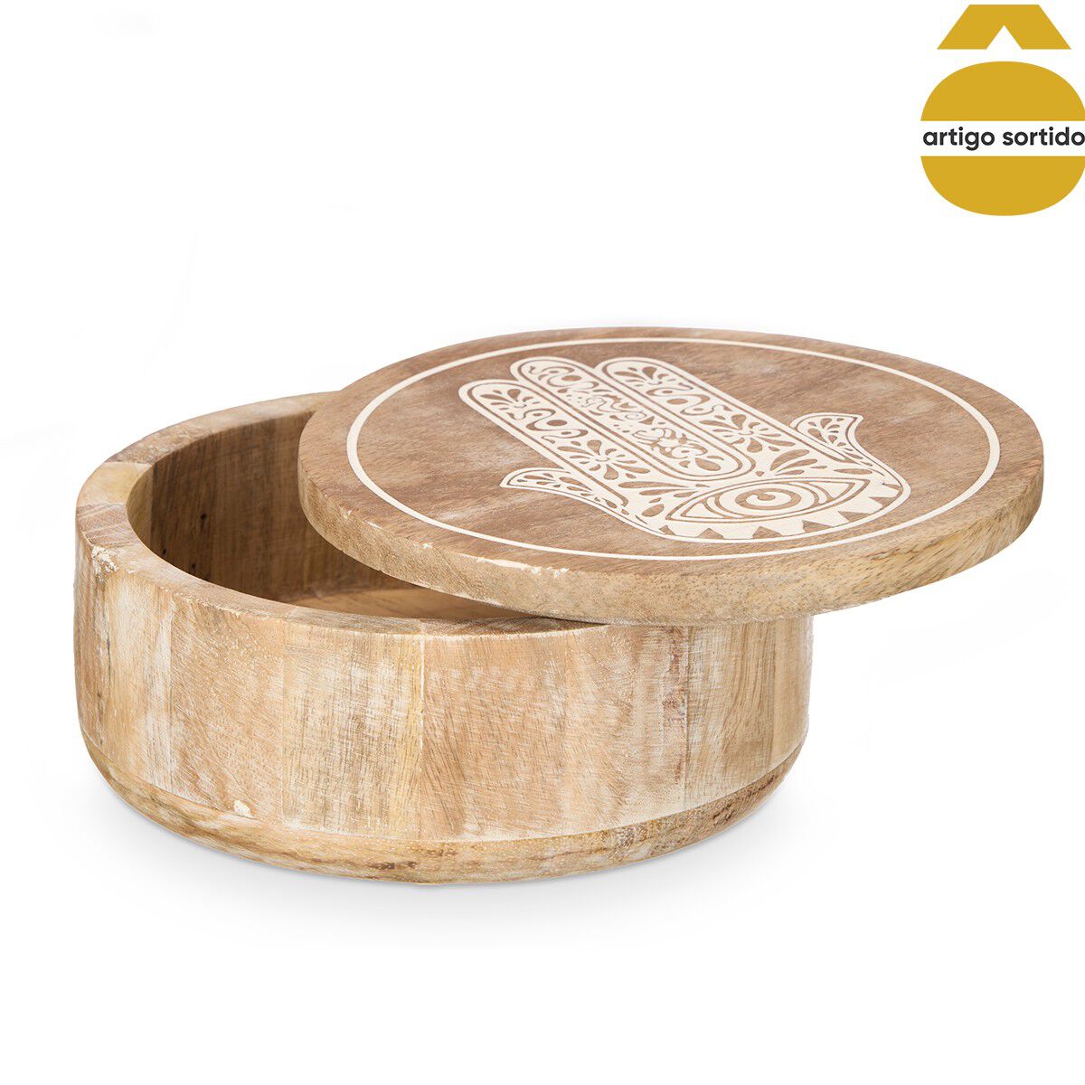 Caixa Redonda Hamsá Em Madeira Mango Com Tampa