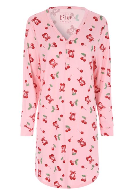 Womens Pink Cherry Soft Touch Long Sleeve Nightdress