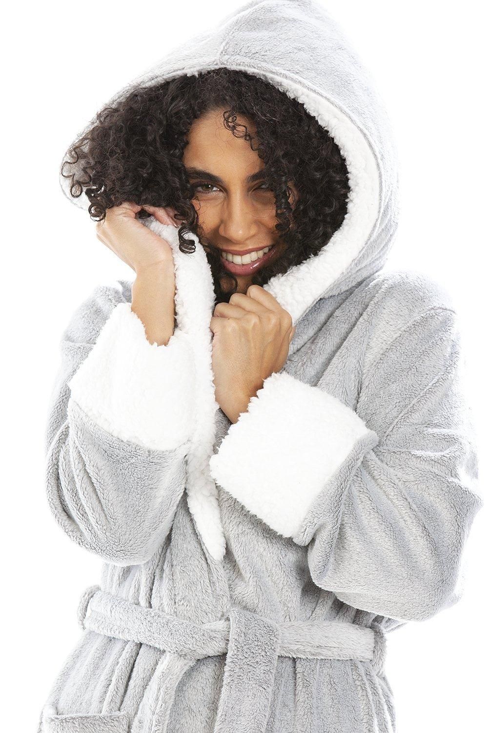 Camille Deep Pile Full Length Fleece Bathrobe with Sherpa Lined Hood & Cuffs