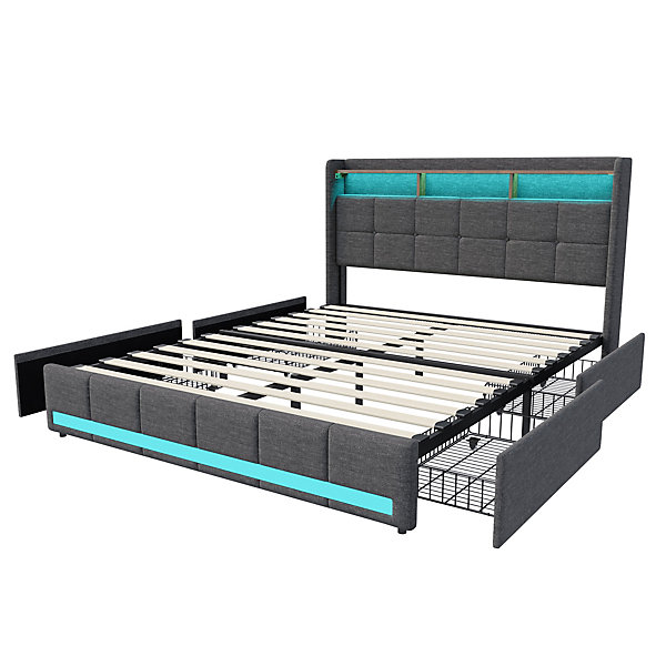 Lit 160x200 Sommier LED et 2 USB, Type-C, Lit Capitonné Lit Double avec 4 Tiroirs, Lin, Gris