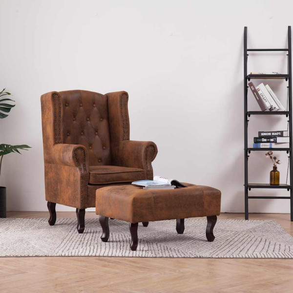 Fotel Wypoczynkowy Do Salonu Pokoju Chesterfield z podnóżkiem brązowy