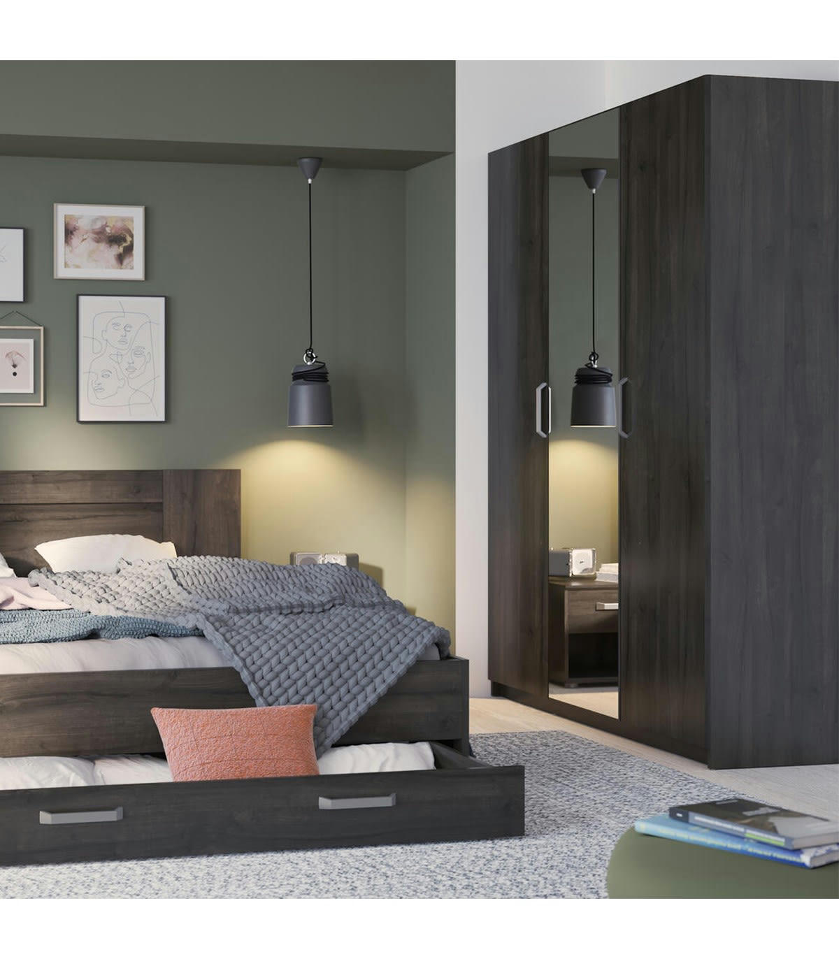 RICHMOND - Armoire 3 Portes avec Miroir L133,5 x H191,5 cm - Décor chêne foncé