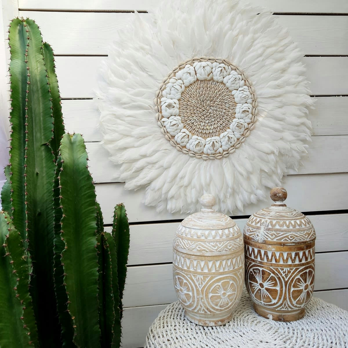 MARRY - Décoration murale en plumes et coquillages, blanc D60 cm