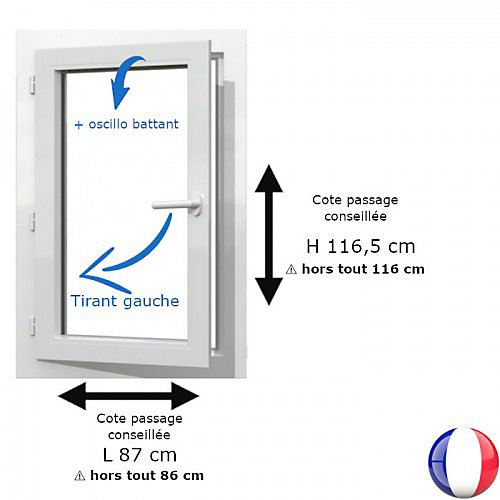 Fenêtre PVC blanc 1 vantail hors tout H 116 x L 86 cm oscillo battant pour pose rénovation - tirant gauche