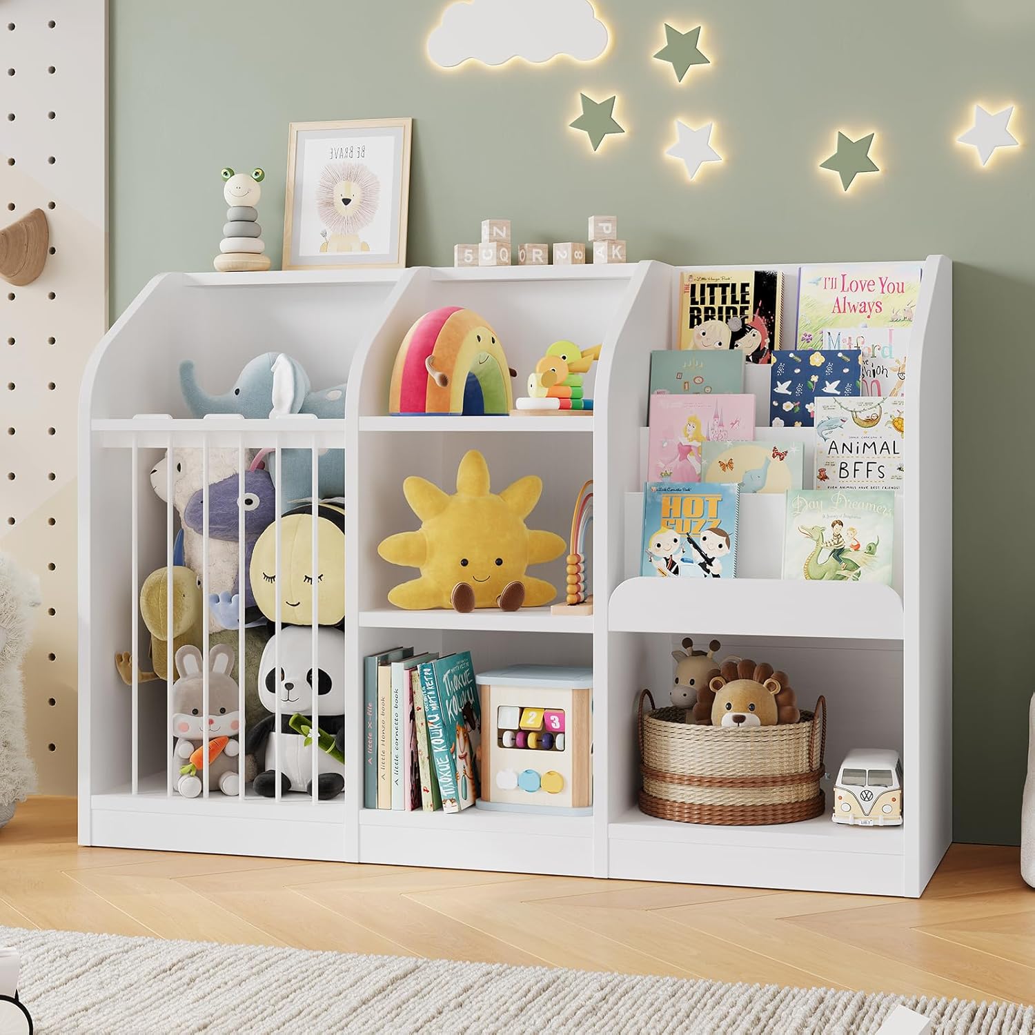 ONBRILL Toy Storage Organizer with Bookshelf & Stuffed Animal Storage, Kids Montessori Low Cabinet with 4 Open Cubbies for Kids Room Playroom Nursery Bedroom Living Room (White)
