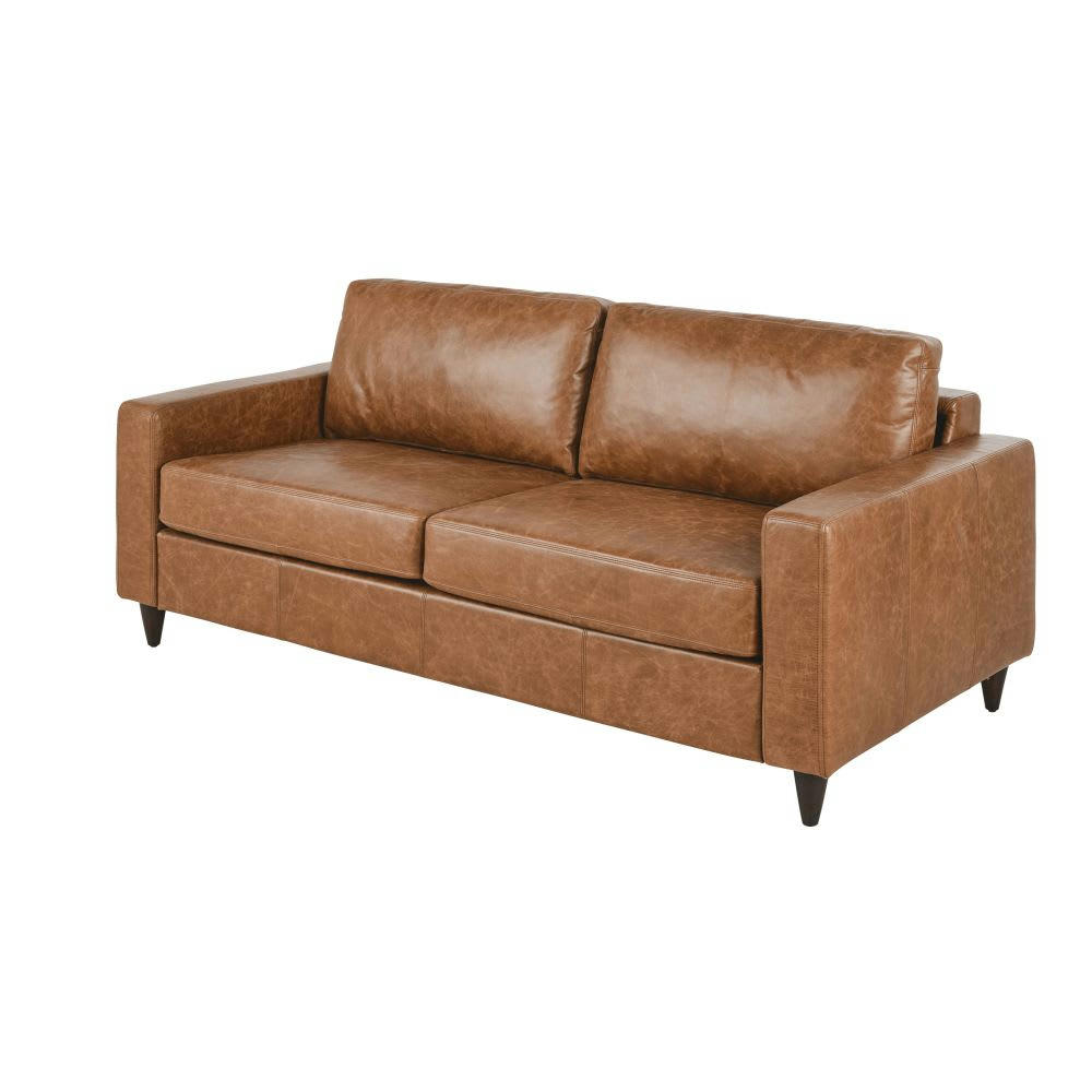 Henry - Canapé convertible 3/4 places en cuir camel, matelas 10 cm