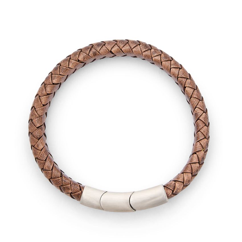Manfield Bruine leren gevlochten heren armband