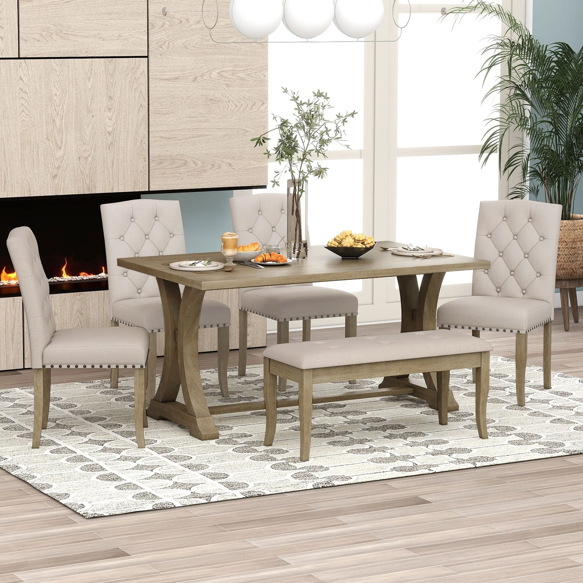 6-Piece Wooden Dining Table Set with Rectangular Table, 4 Chairs & Bench