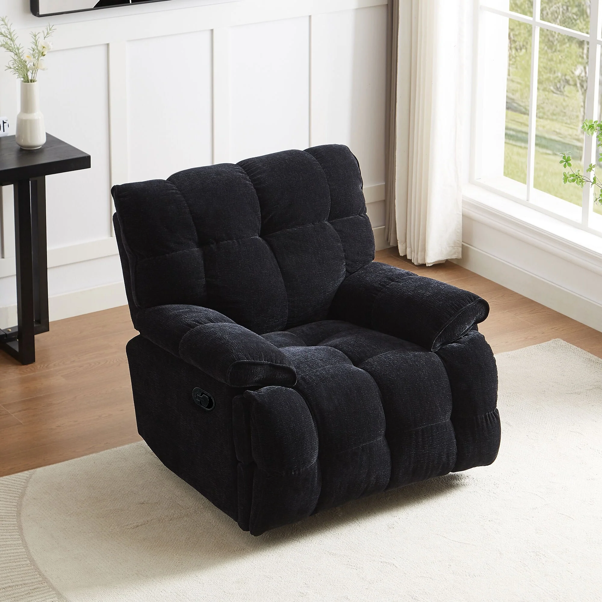 Black Overstuffed 360° Swivel Rocker Manual Recliner with Wider Armrests and Seat