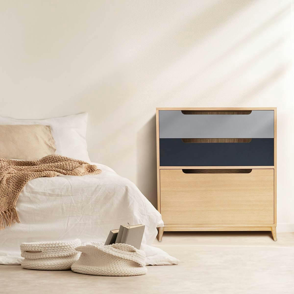 MOKA - Commode, 3 tiroirs, couleur chene et bicolore gris-96*86*40