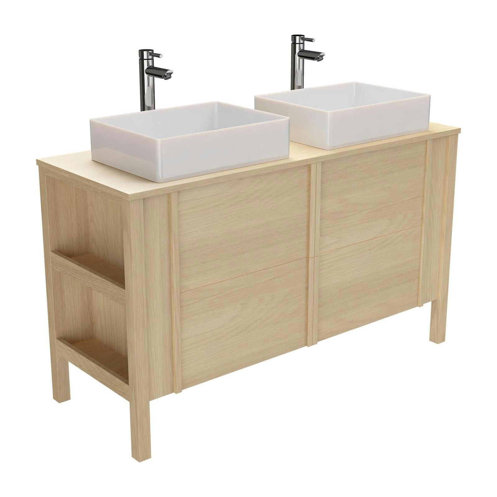 NESTO - Meuble double vasque 130cm chêne  portes lisses + vasque + robinet