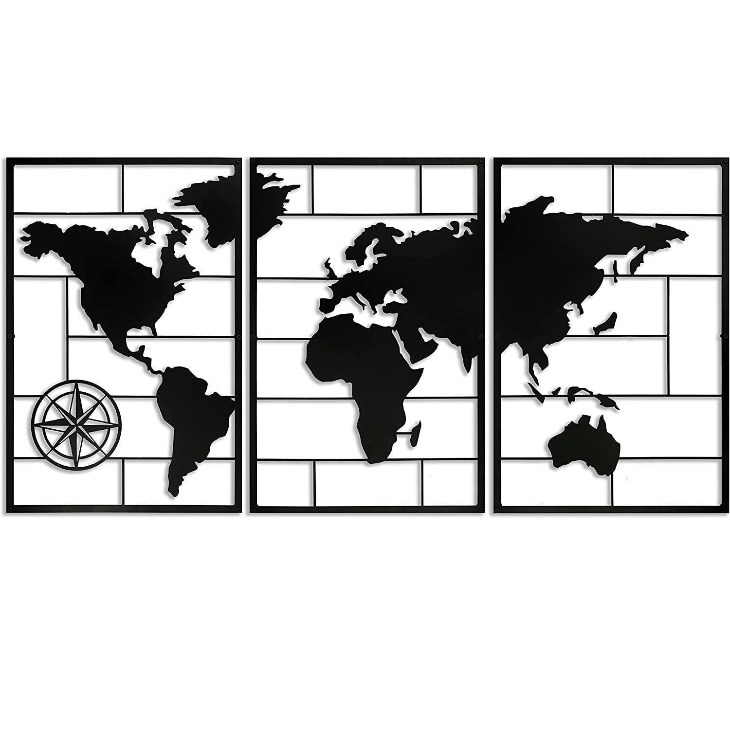 - Déco murale triptyque carte du monde en métal 120x60 cm