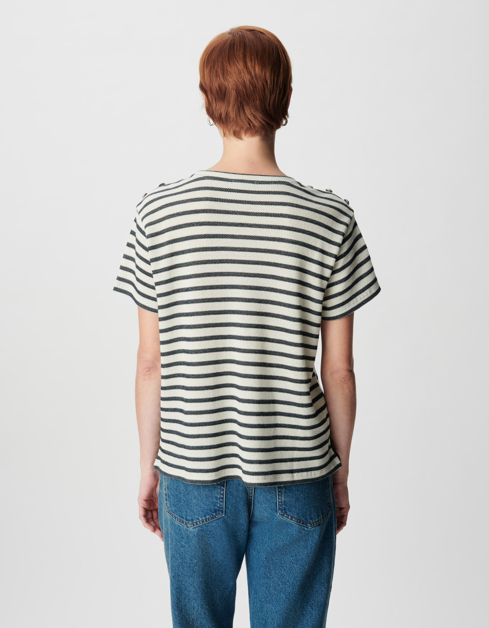 Tee-shirt marinière pailleté boutons épaules Femme